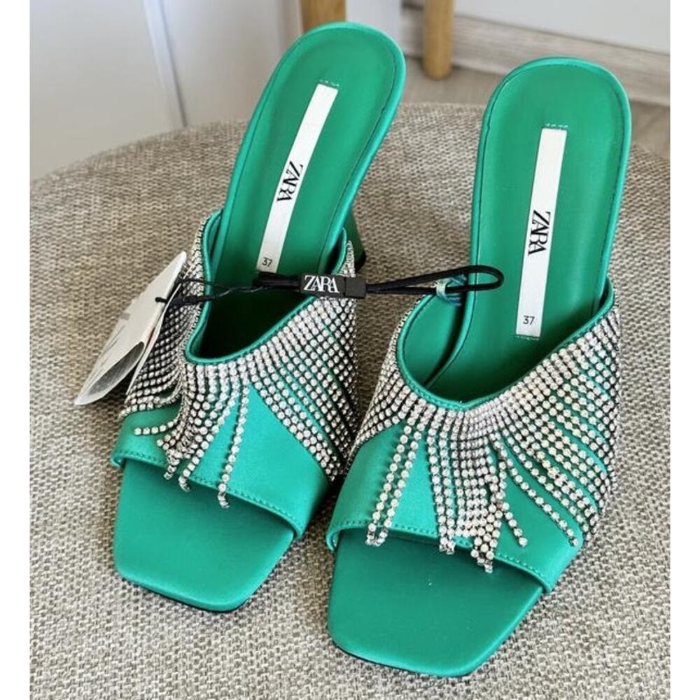 Zara Rhinestone Fringe Mule Heels Green Statement Sandals NWT - Picture 7 of 16